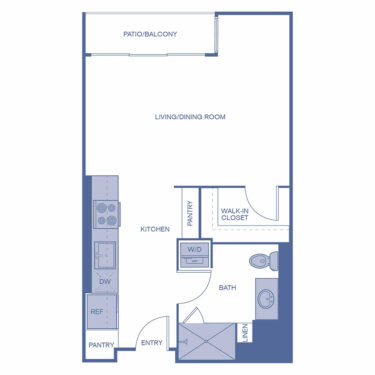 Rendering of the E1 floor plan with a Studio bedroom and 1 bathroom[s] at Citrus Commons