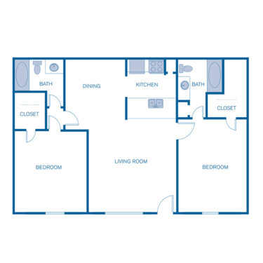 Rendering of the 2B floor plan with 2 bedroom[s] and 2 bathroom[s] at Pavilion Place