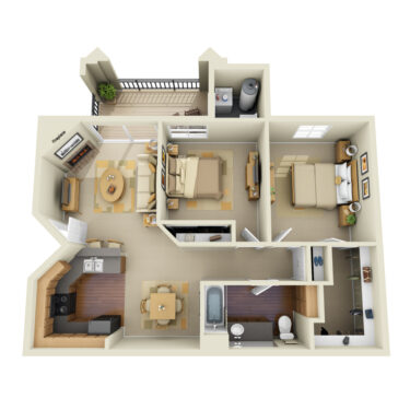 Rendering of the B1 floor plan with 2 bedroom[s] and 1 bathroom[s] at IMT Stevenson Ranch