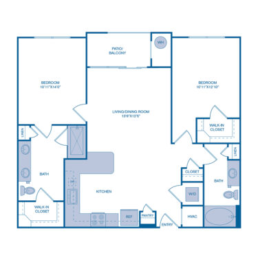 Rendering of the B1 floor plan with 2 bedroom[s] and 2 bathroom[s] at IMT at RidgeGate