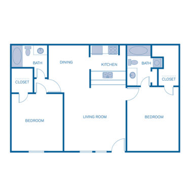 Rendering of the 2A floor plan with 2 bedroom[s] and 2 bathroom[s] at 5401 Chimney Rock
