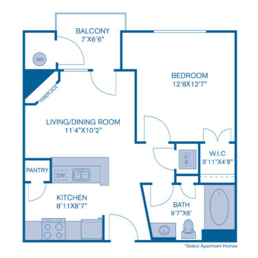 Rendering of the A1 floor plan with 1 bedroom[s] and 1 bathroom[s] at IMT at City Park