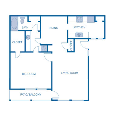 Rendering of the 1C floor plan with 1 bedroom[s] and 1 bathroom[s] at 5401 Chimney Rock
