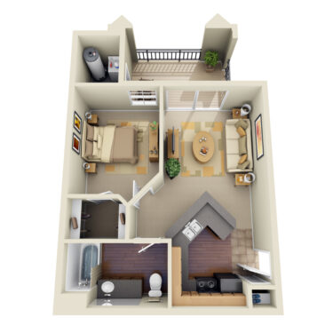 Rendering of the A1 floor plan with 1 bedroom[s] and 1 bathroom[s] at IMT Stevenson Ranch