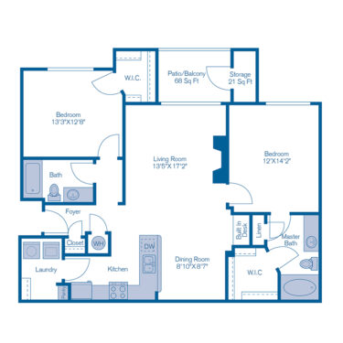 Rendering of the B2 floor plan with 2 bedroom[s] and 2 bathroom[s] at IMT Stoneleigh at Deerfield