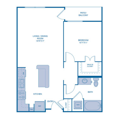 Rendering of the A1 floor plan with 1 bedroom[s] and 1 bathroom[s] at IMT Gallery 421