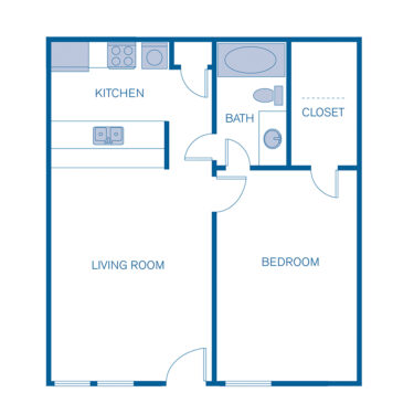 Rendering of the 1A floor plan with 1 bedroom[s] and 1 bathroom[s] at 5401 Chimney Rock