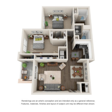 Rendering of the B1UPGRADE floor plan with 2 bedroom[s] and 2 bathroom[s] at IMT Lowry