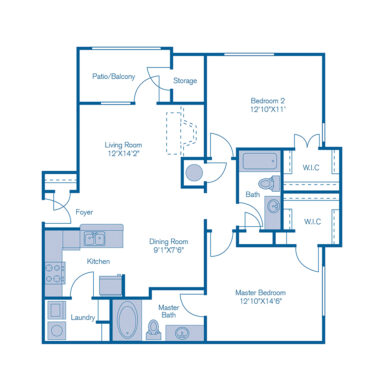 Rendering of the B1 floor plan with 2 bedroom[s] and 2 bathroom[s] at IMT Deerfield