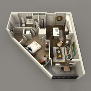 Rendering of the A3 floor plan with 1 bedroom[s] and 1 bathroom[s] at IMT 8 South