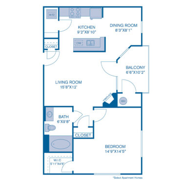 Rendering of the A10 floor plan with 1 bedroom[s] and 1 bathroom[s] at IMT at City Park