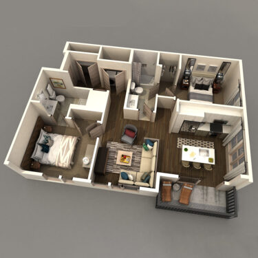 Rendering of the B1 floor plan with 2 bedroom[s] and 2 bathroom[s] at IMT 8 South