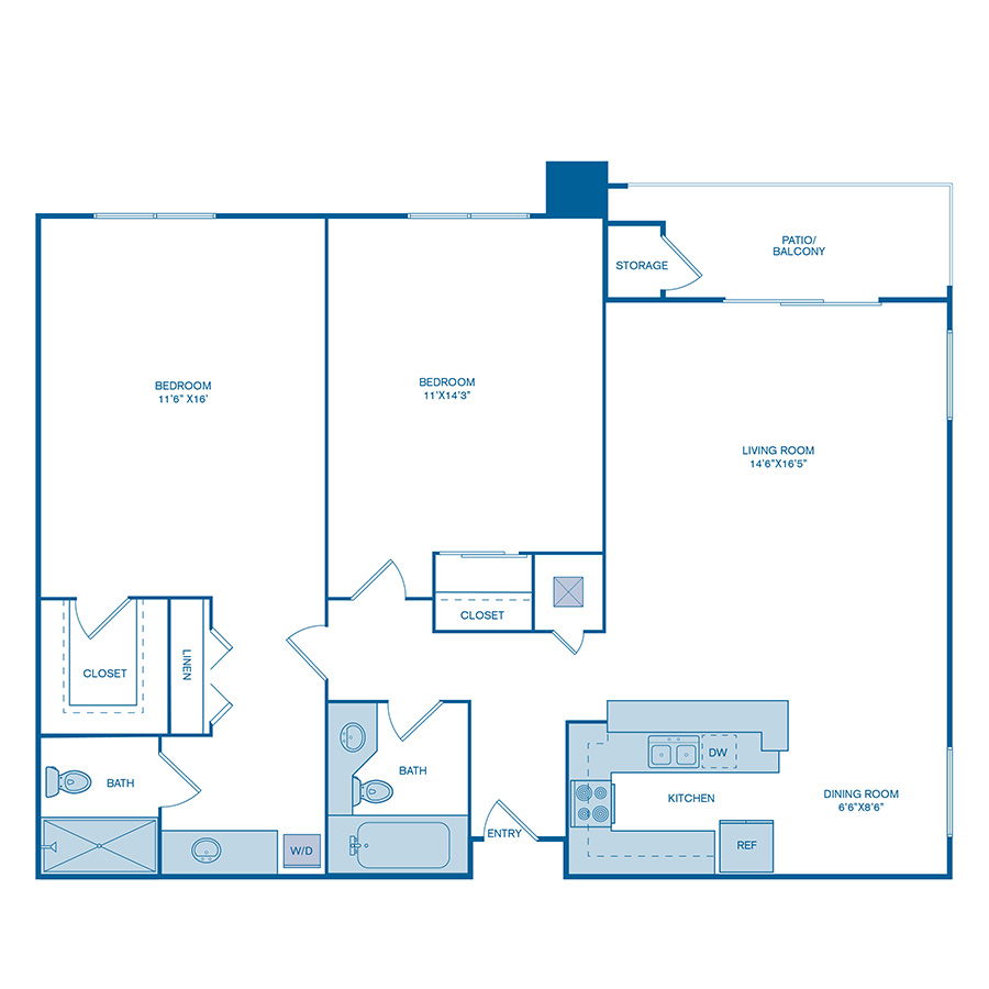 Rendering of the B2 floor plan with 2 bedroom[s] and 2 bathroom[s] at IMT Mission Valley