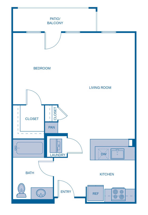 Rendering of the E1 floor plan with a Studio bedroom and 1 bathroom[s] at IMT Laguna Niguel