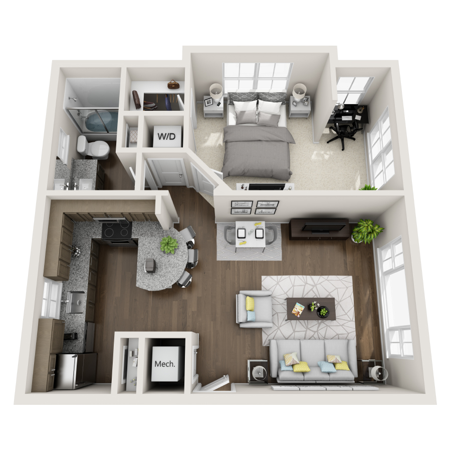 Rendering of the A2 floor plan with 1 bedroom[s] and 1 bathroom[s] at IMT Edgewater