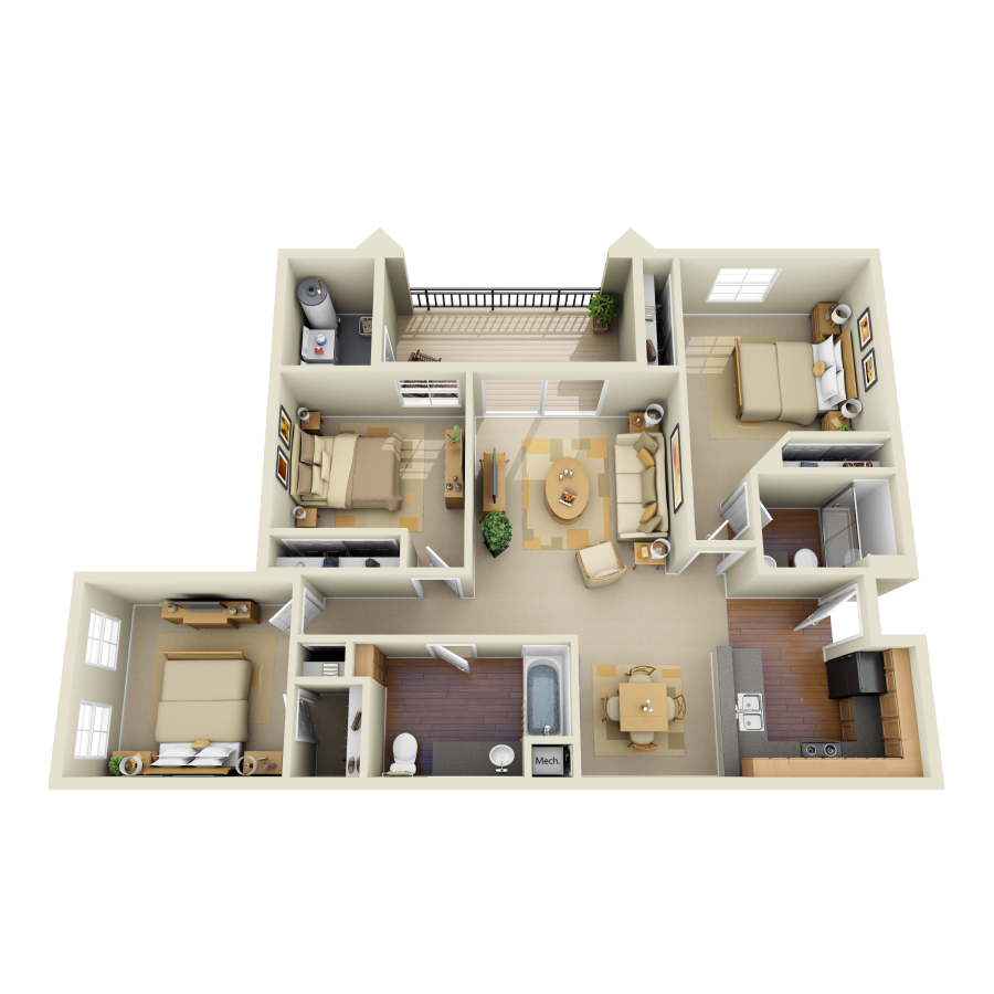 Rendering of the C1 floor plan with 3 bedroom[s] and 2 bathroom[s] at IMT Stevenson Ranch