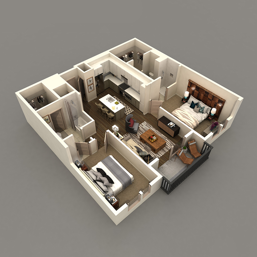 Rendering of the B2 floor plan with 2 bedroom[s] and 2 bathroom[s] at IMT 8 South