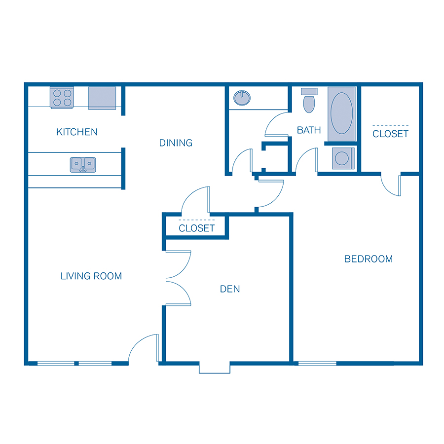 Rendering of the 1D floor plan with 1 bedroom[s] and 1 bathroom[s] at 5401 Chimney Rock