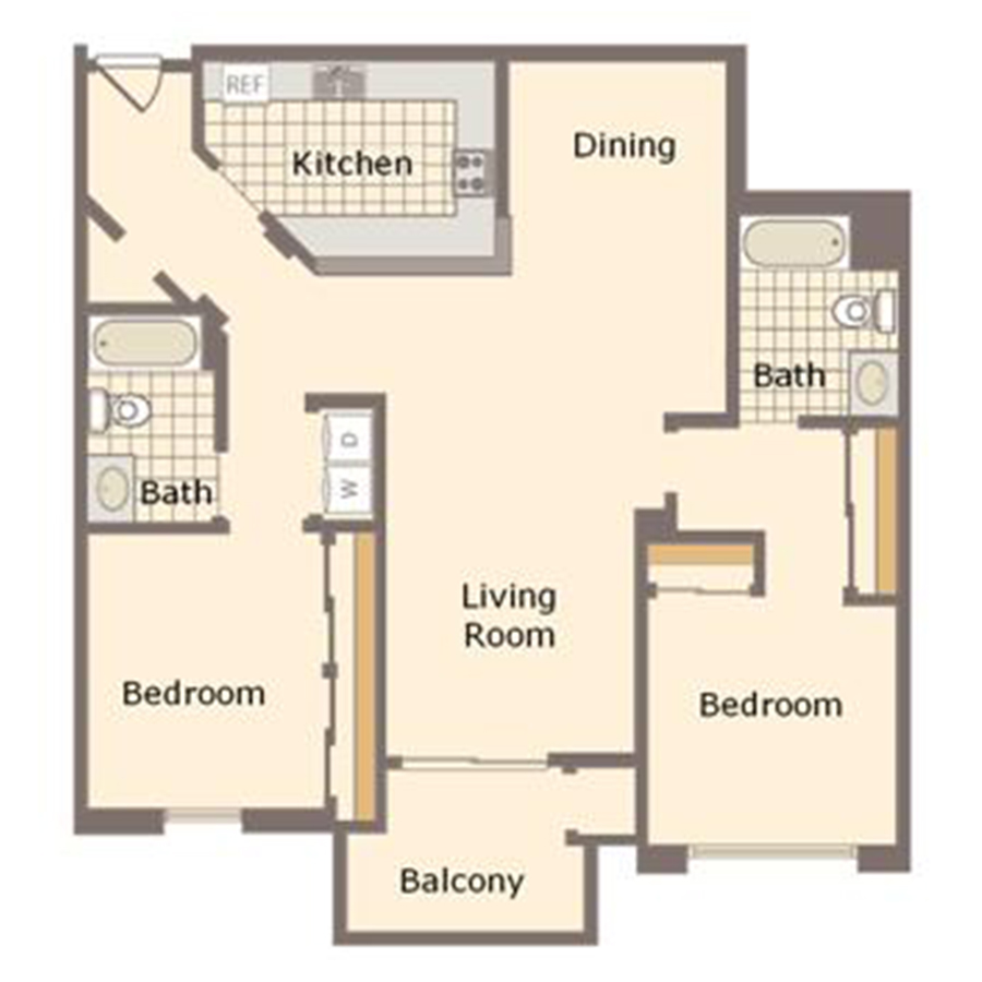 Rendering of the B1 floor plan with 2 bedroom[s] and 2 bathroom[s] at IMT Belasera at Sherman Way