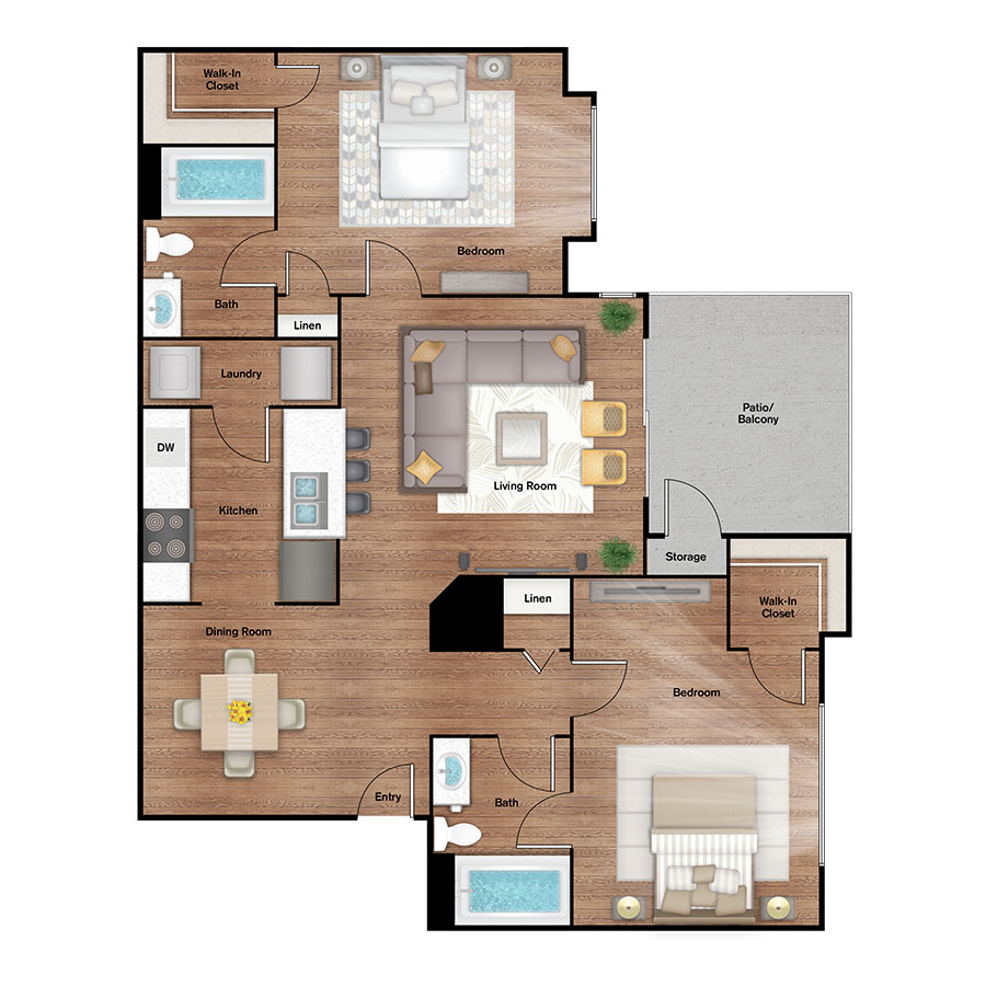 Rendering of the B1 Upgrade floor plan with 2 bedroom[s] and 2 bathroom[s] at IMT Alpharetta