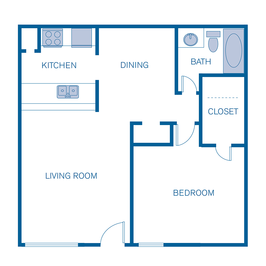 Rendering of the 1B floor plan with 1 bedroom[s] and 1 bathroom[s] at Pavilion Place