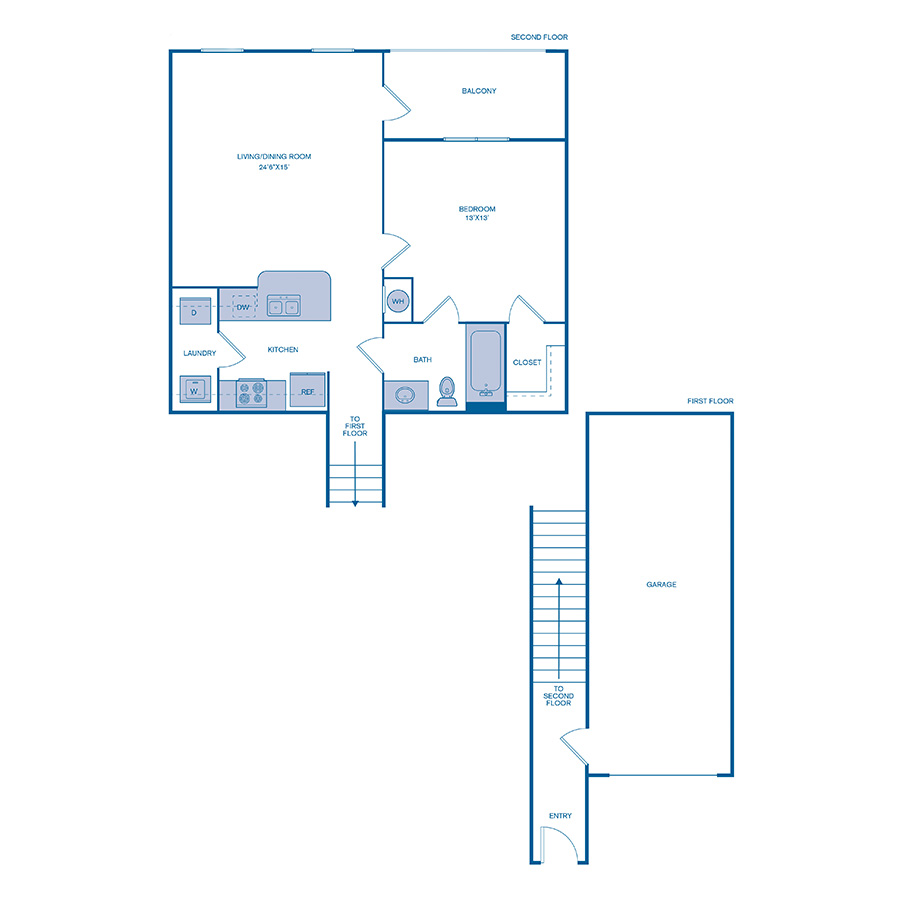 Rendering of the A2 floor plan with 1 bedroom[s] and 1 bathroom[s] at IMT Cinco Ranch