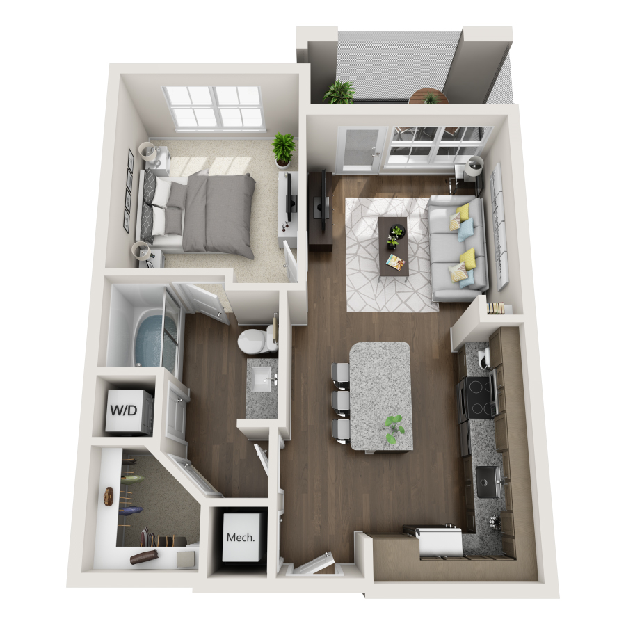 Rendering of the A1 floor plan with 1 bedroom[s] and 1 bathroom[s] at IMT Edgewater