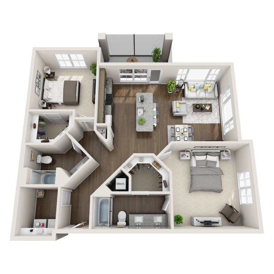 Rendering of the B3 floor plan with 2 bedroom[s] and 2 bathroom[s] at IMT Edgewater