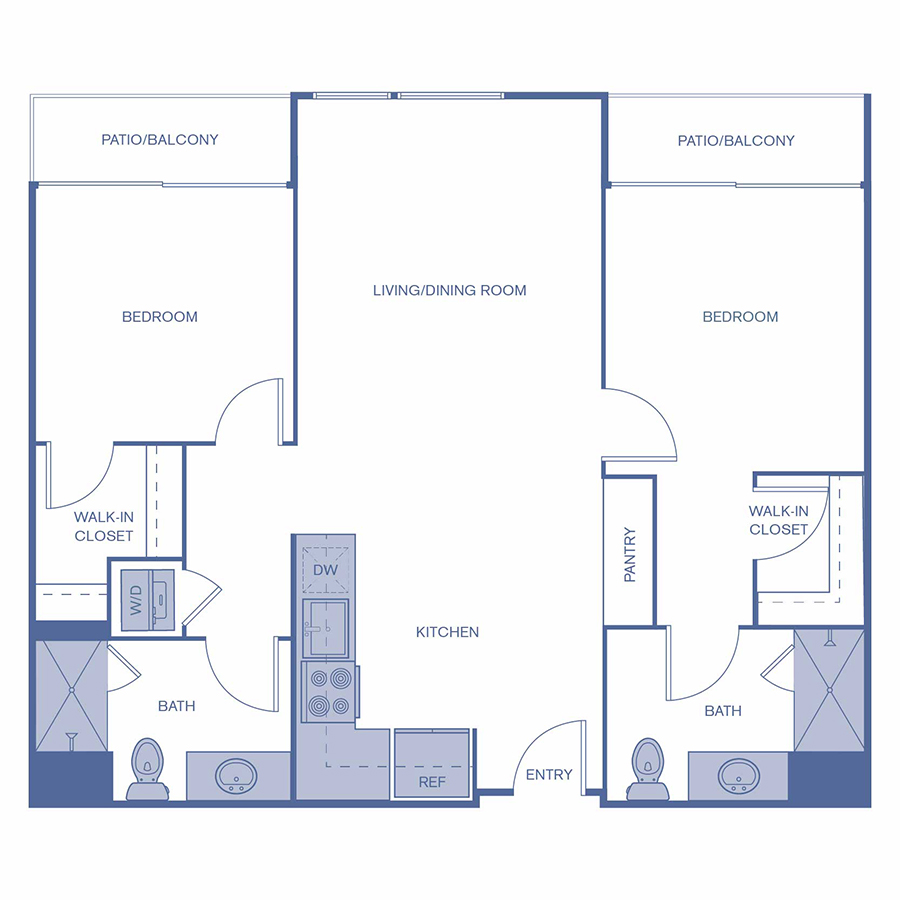 Rendering of the B1 floor plan with 2 bedroom[s] and 2 bathroom[s] at Citrus Commons