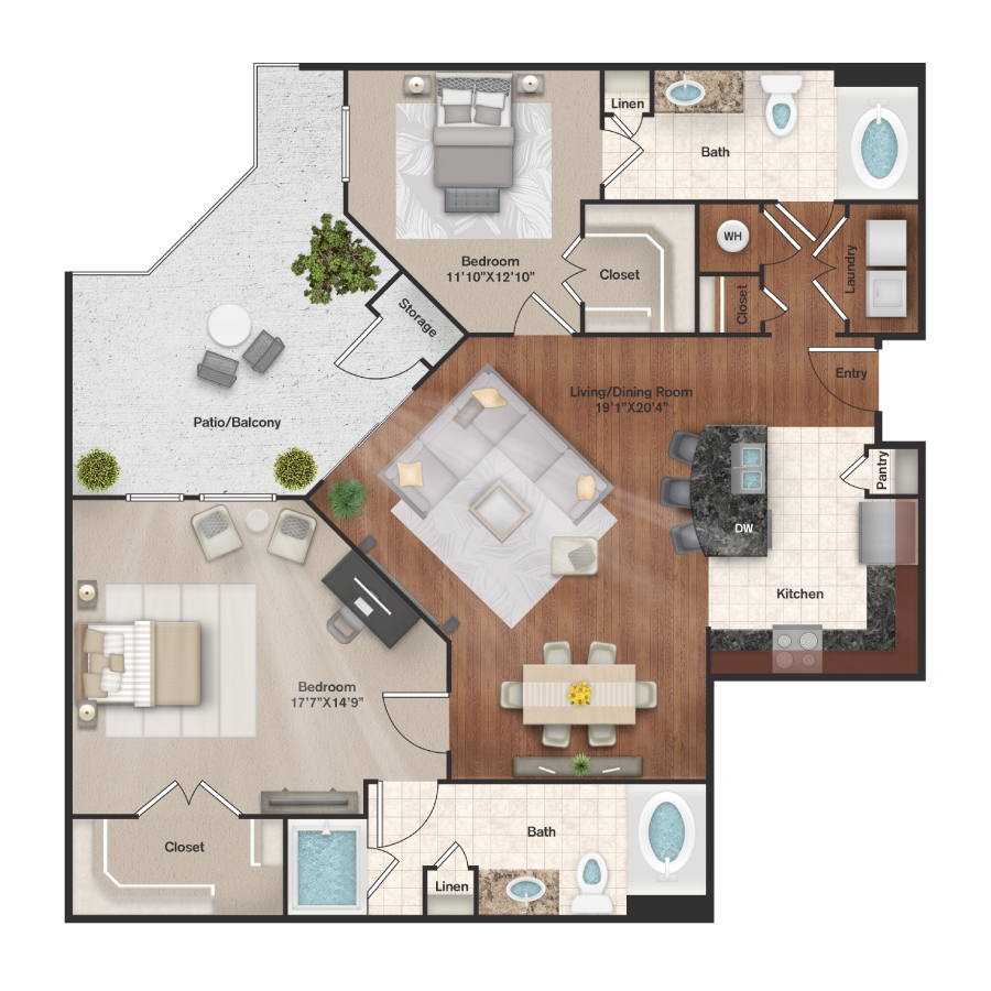 Rendering of the B2 floor plan with 2 bedroom[s] and 2 bathroom[s] at IMT Uptown Post Oak