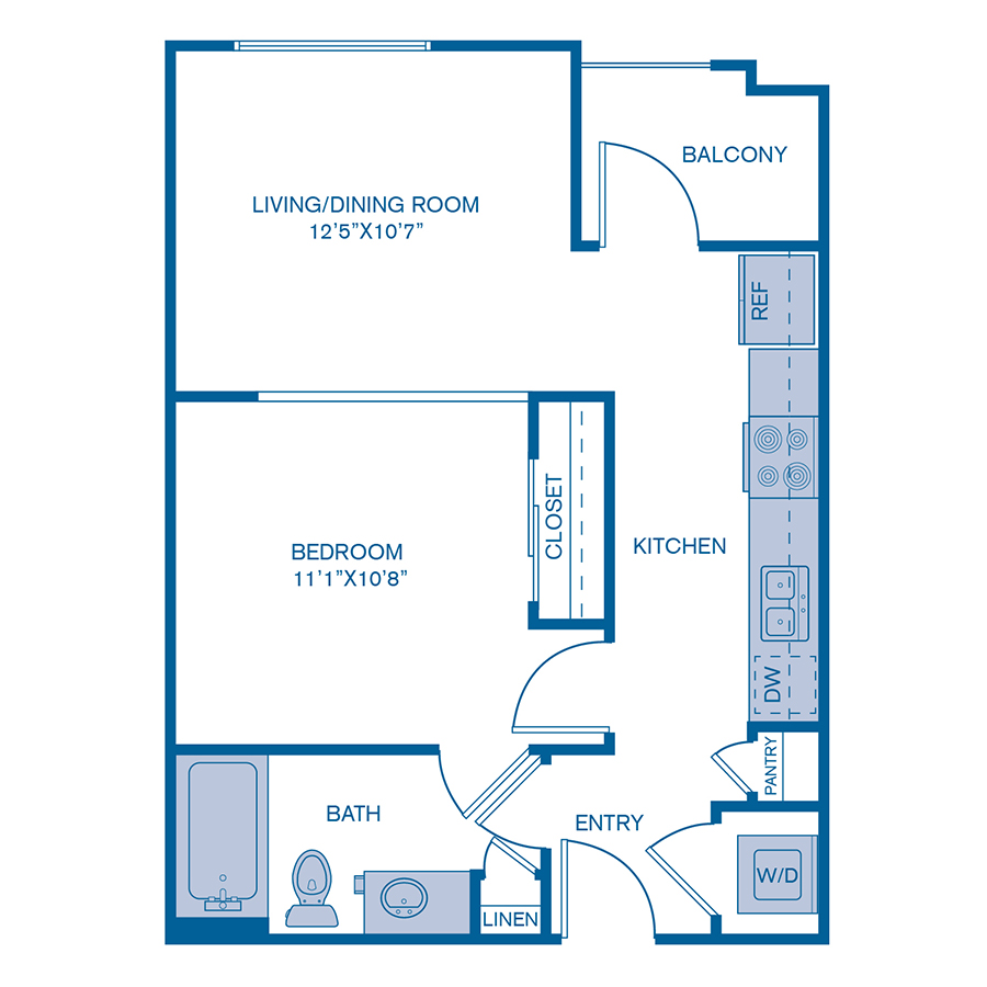 Rendering of the A1 floor plan with 1 bedroom[s] and 1 bathroom[s] at IMT Prestonwood