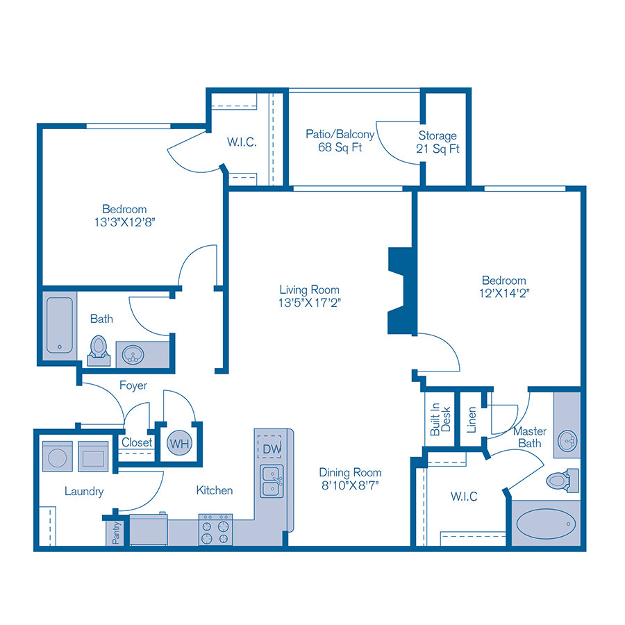 Rendering of the B2 floor plan with 2 bedroom[s] and 2 bathroom[s] at IMT Stoneleigh at Deerfield