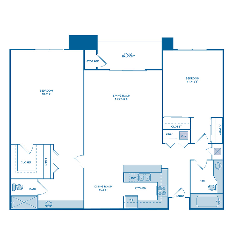 Rendering of the B3 floor plan with 2 bedroom[s] and 2 bathroom[s] at IMT Mission Valley