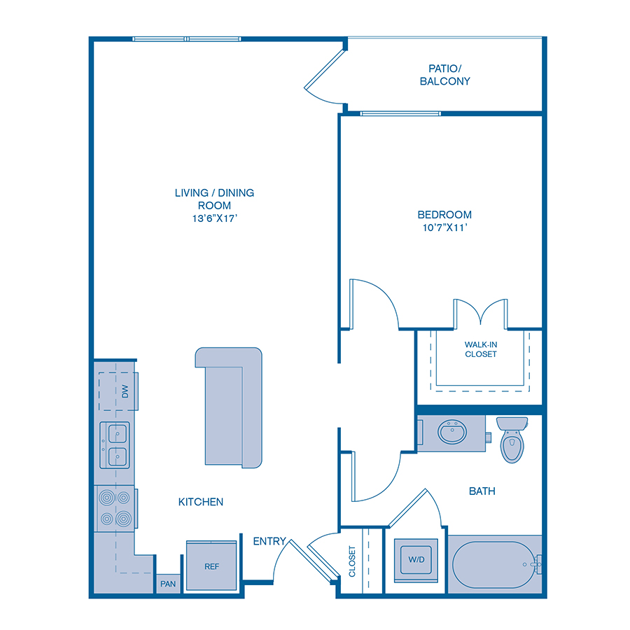 Rendering of the A1 floor plan with 1 bedroom[s] and 1 bathroom[s] at IMT Gallery 421