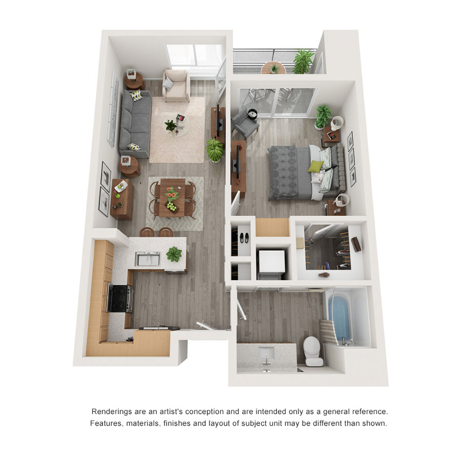 Rendering of the A1 floor plan with 1 bedroom[s] and 1 bathroom[s] at IMT 6500
