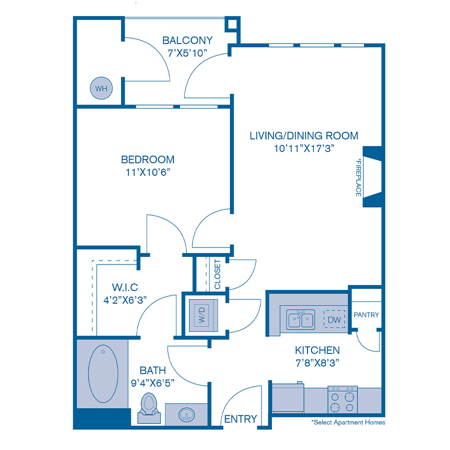 Rendering of the A6 floor plan with 1 bedroom[s] and 1 bathroom[s] at IMT at City Park