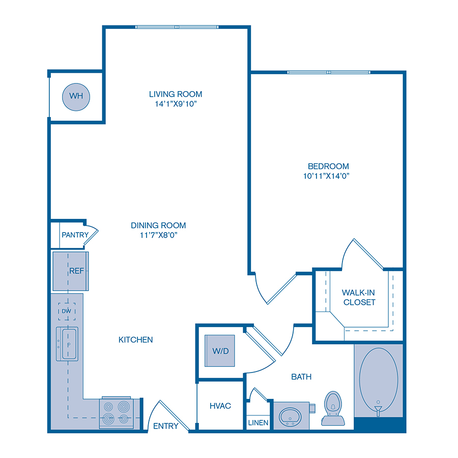 Rendering of the A3 floor plan with 1 bedroom[s] and 1 bathroom[s] at IMT at RidgeGate