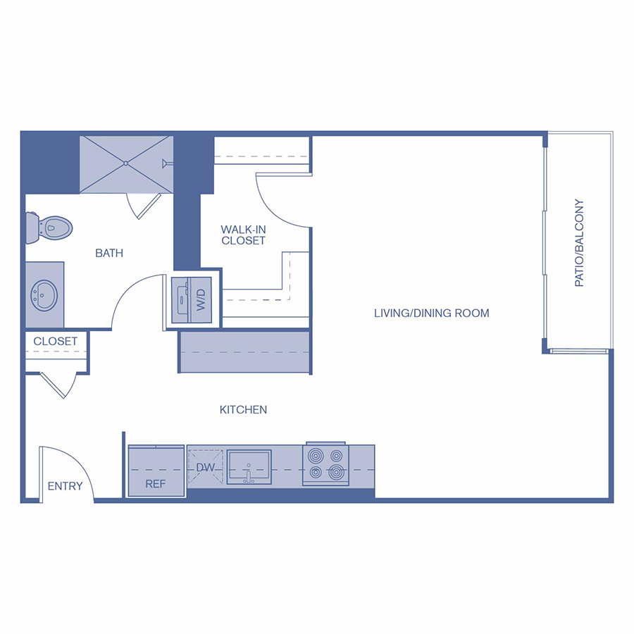 Rendering of the E2 floor plan with a Studio bedroom and 1 bathroom[s] at Citrus Commons
