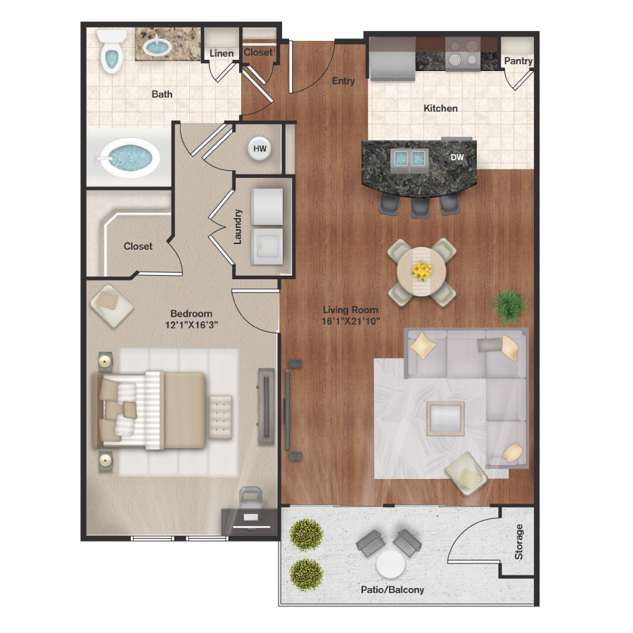 Rendering of the A5 floor plan with 1 bedroom[s] and 1 bathroom[s] at IMT Uptown Post Oak