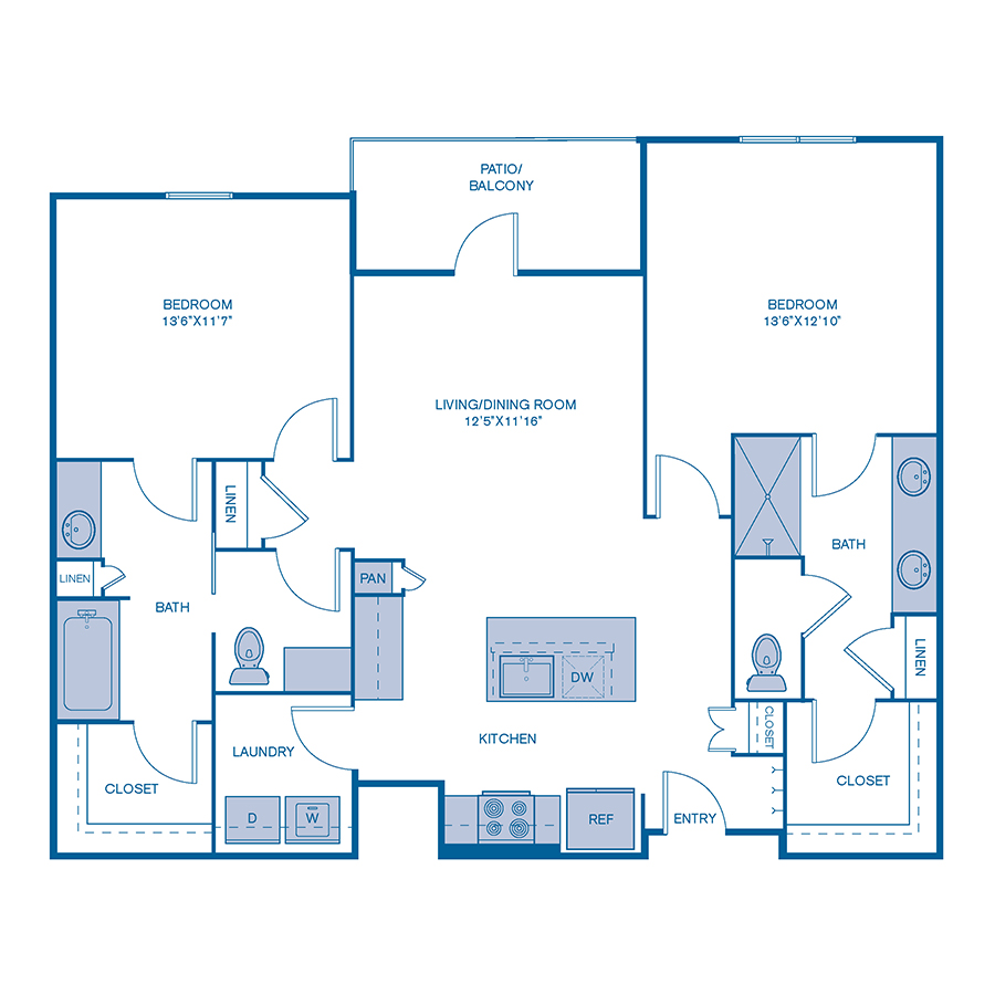 Rendering of the B1 floor plan with 2 bedroom[s] and 2 bathroom[s] at IMT Lake Mary