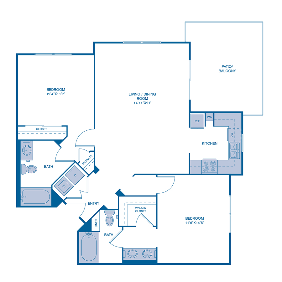 Rendering of the B2 floor plan with 2 bedroom[s] and 2 bathroom[s] at IMT Gallery 421