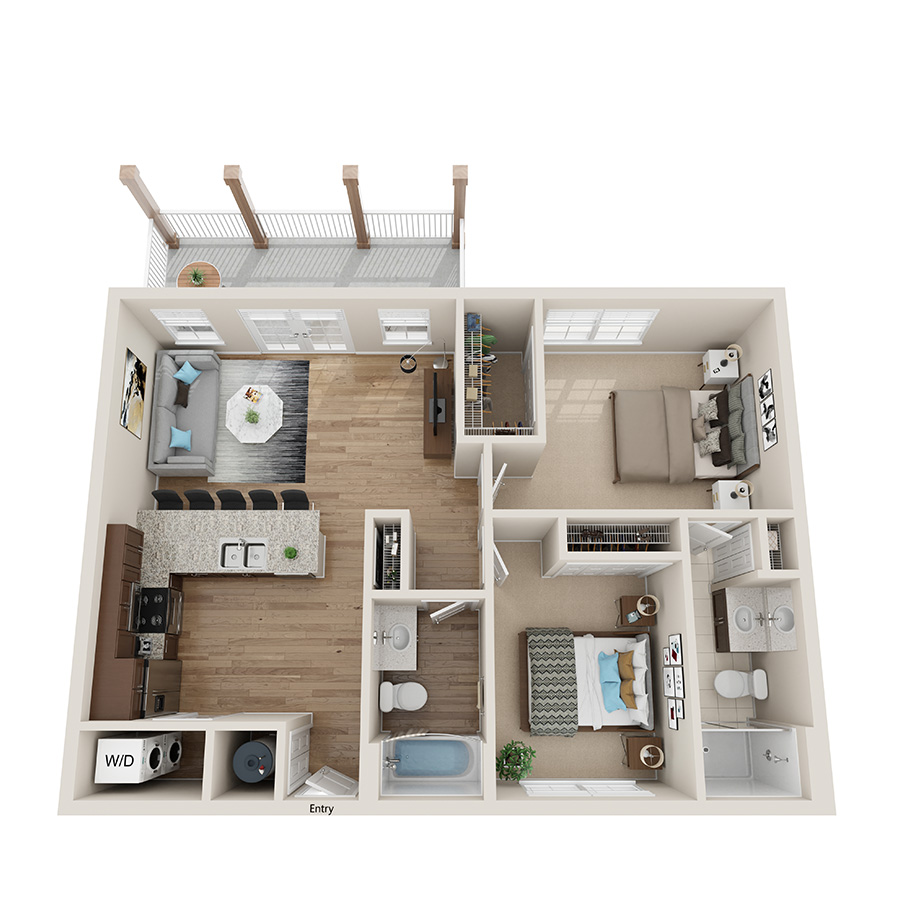 Rendering of the B1 floor plan with 2 bedroom[s] and 2 bathroom[s] at IMT Sonoma Hills
