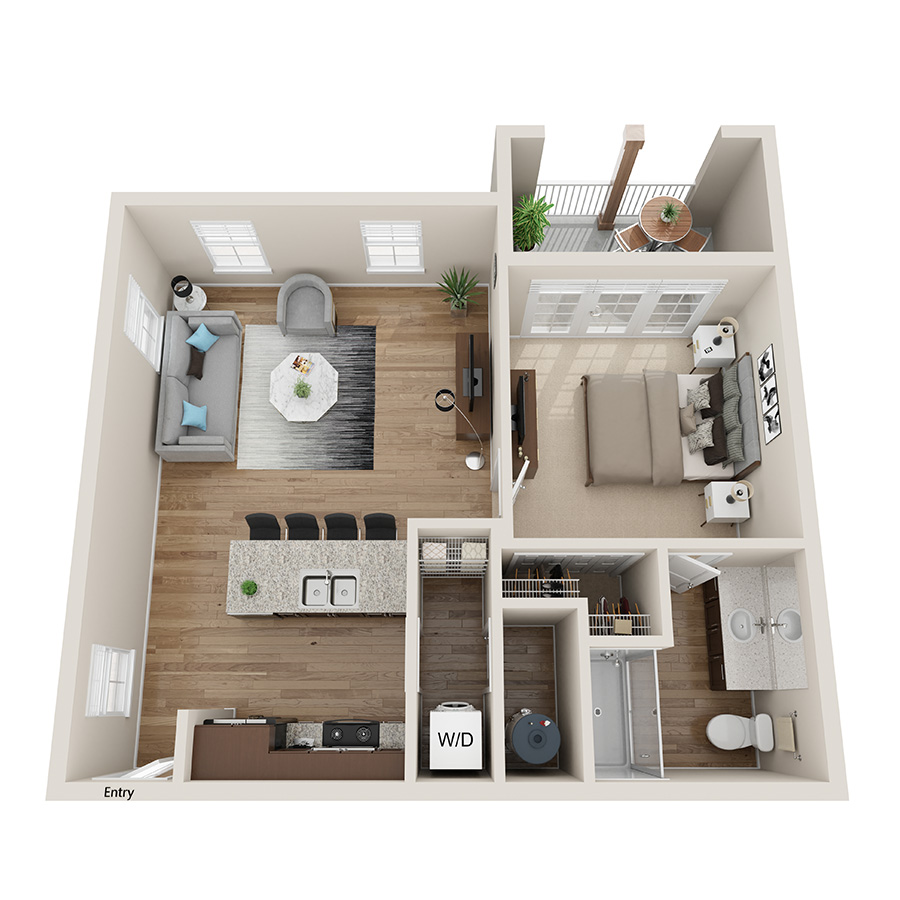 Rendering of the A1 floor plan with 1 bedroom[s] and 1 bathroom[s] at IMT Sonoma Hills