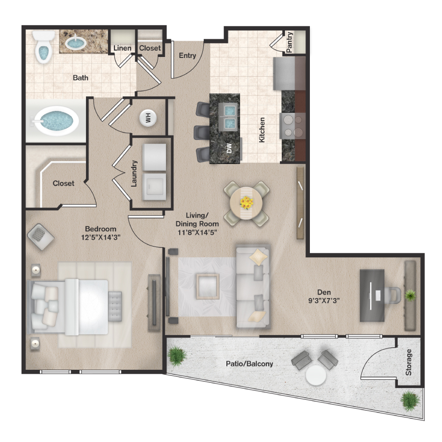 Rendering of the A3 floor plan with 1 bedroom[s] and 1 bathroom[s] at IMT Uptown Post Oak