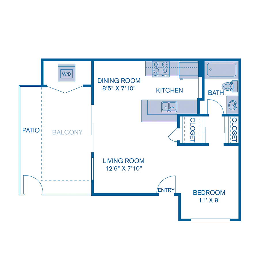 Rendering of the E1 floor plan with a Studio bedroom and 1 bathroom[s] at IMT Sorrento Valley