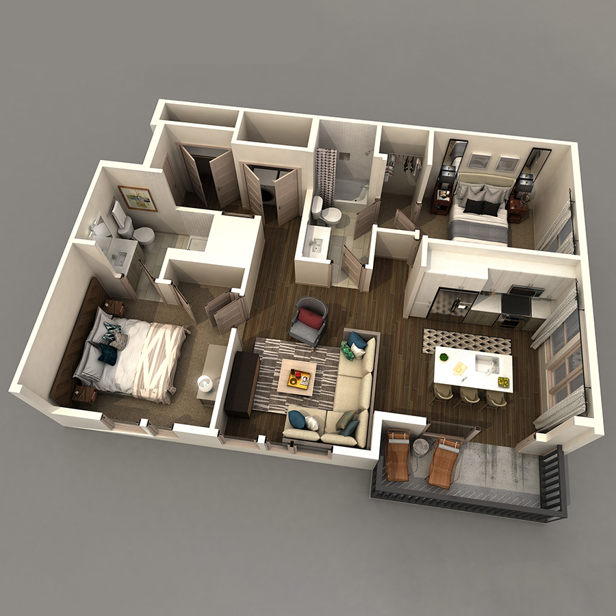 Rendering of the B1 floor plan with 2 bedroom[s] and 2 bathroom[s] at IMT 8 South