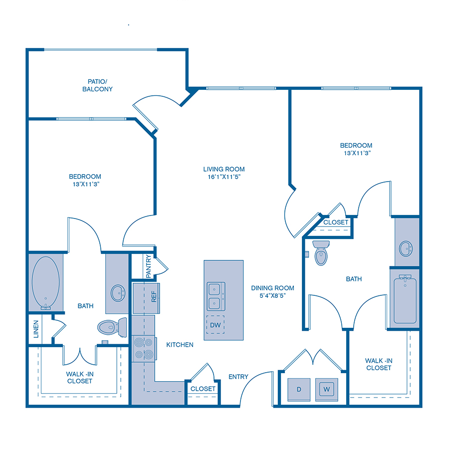 Rendering of the B1-HC floor plan with 2 bedroom[s] and 2 bathroom[s] at IMT Prestonwood