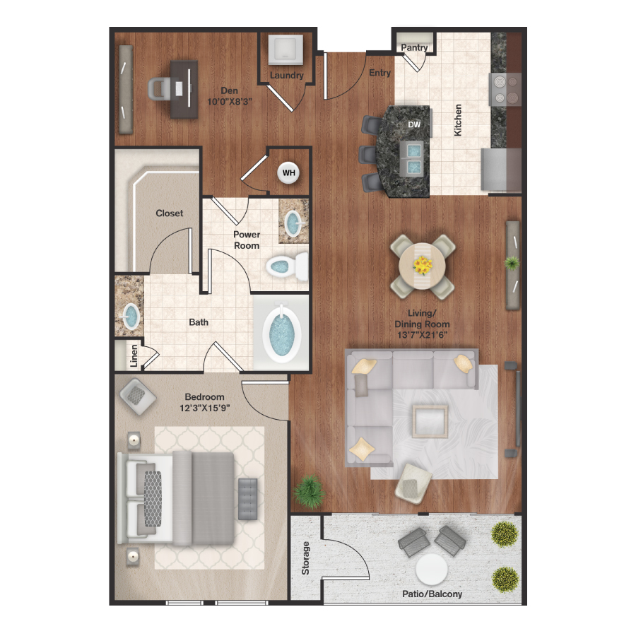 Rendering of the A8 floor plan with 1 bedroom[s] and 1 bathroom[s] at IMT Uptown Post Oak
