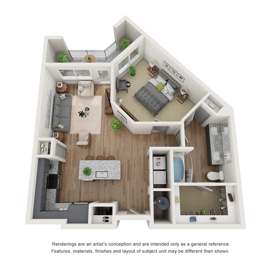 Rendering of the A2 floor plan with 1 bedroom[s] and 1 bathroom[s] at IMT Ballantyne