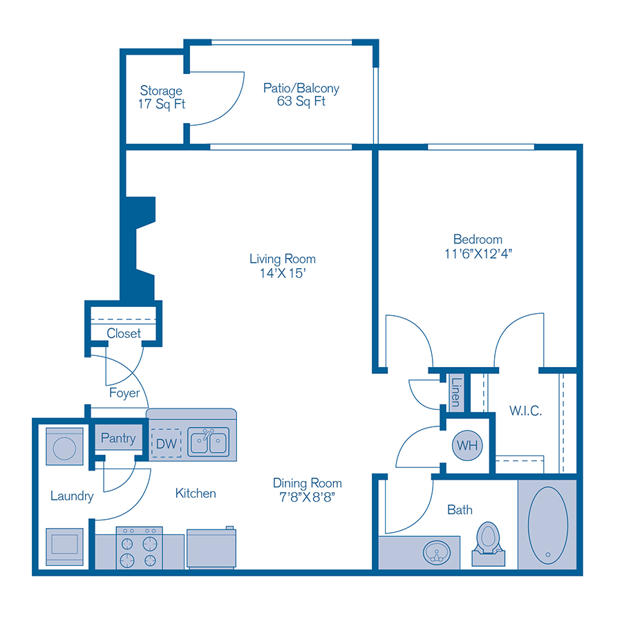 Rendering of the A1 floor plan with 1 bedroom[s] and 1 bathroom[s] at IMT Stoneleigh at Deerfield
